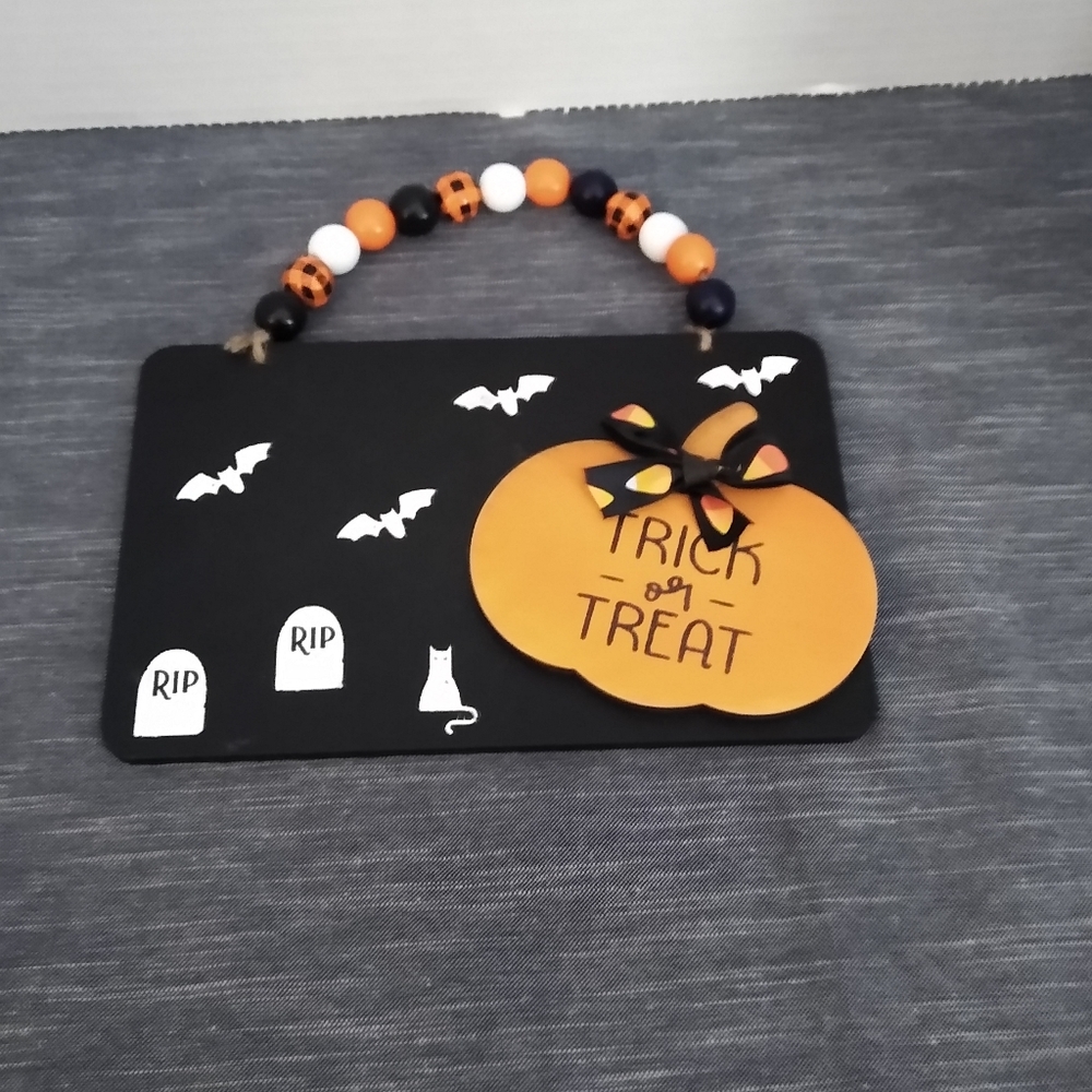 Trick or treat pumpkin hanging sign 2ith beaded hanger chalk couture